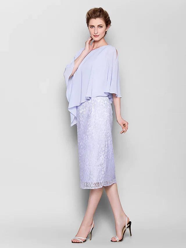 Wholesale Mother of the Bride Dress Vintage Inspired Jewel Neck Knee Length Chiffon Lace 3/4 Length Sleeve with Lace